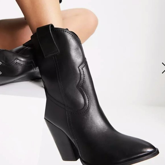 ASOS DESIGN Ranch leather mid-calf heeled western boots in black size 6 - Picture 1 of 5